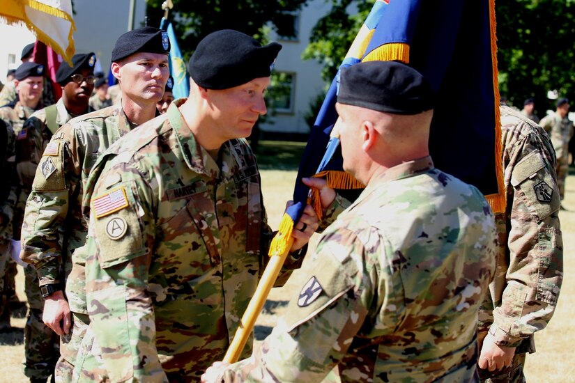 KAISERSLAUTERN, Germany – U.S. Army Reserve Brig. Gen. Michael T. Harvey, incoming commander of the 7th Mission Support Command, addresses Soldiers and guests during a change of command ceremony held on NCO Field at Daenner Kaserne, United States Army Garrison Rheinland-Pfalz, June 29, 2019.