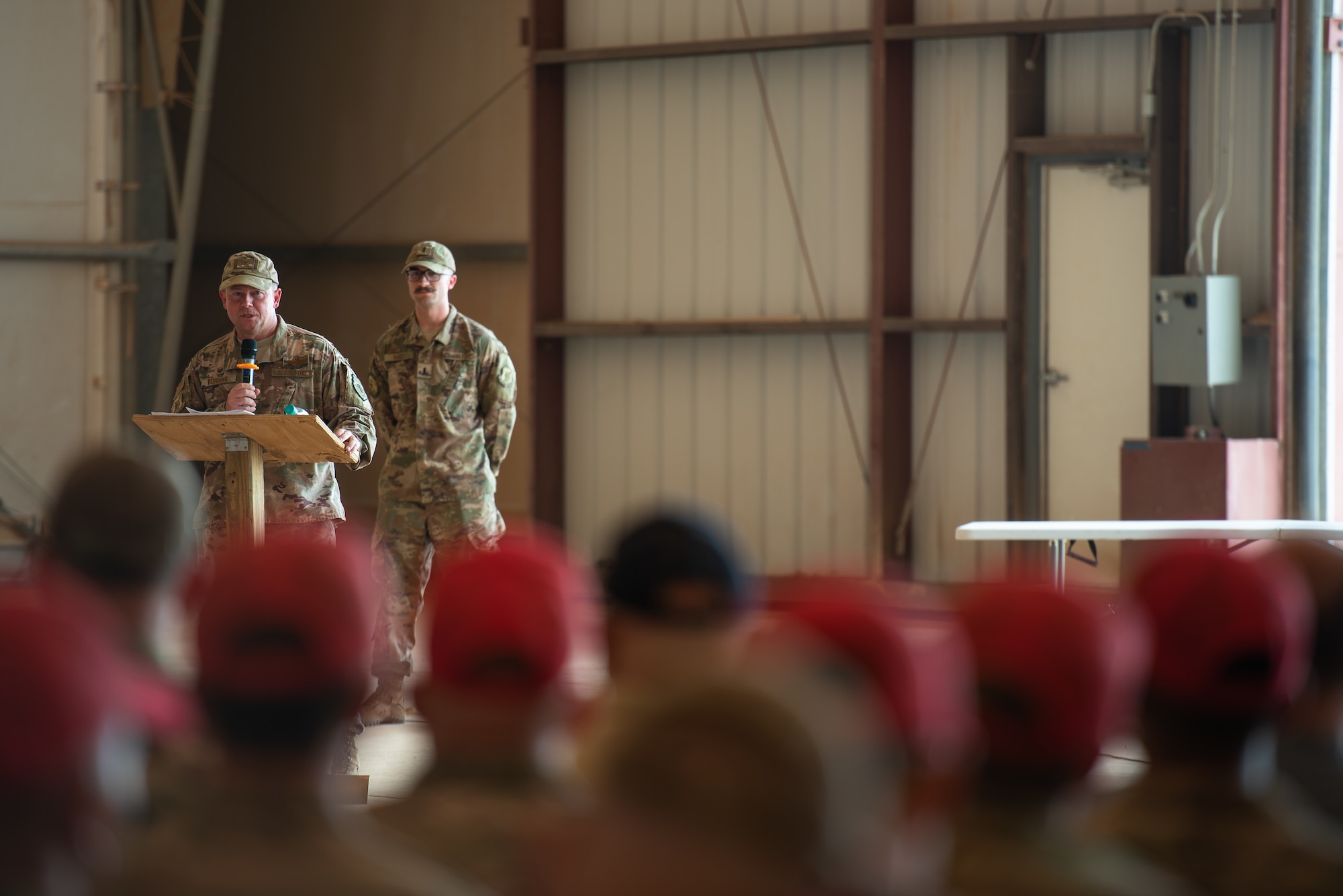U.S. Air Force Col. Steven P. Bording, former 409th Air Expeditionary Group commander, gives a final speech during the group change of command ceremony at Air Base 201, Niger, June 28, 2019. The change of command ceremony is a tradition that dates back to the 18th century. (U.S. Air Force photo by Staff Sgt. Devin Boyer)