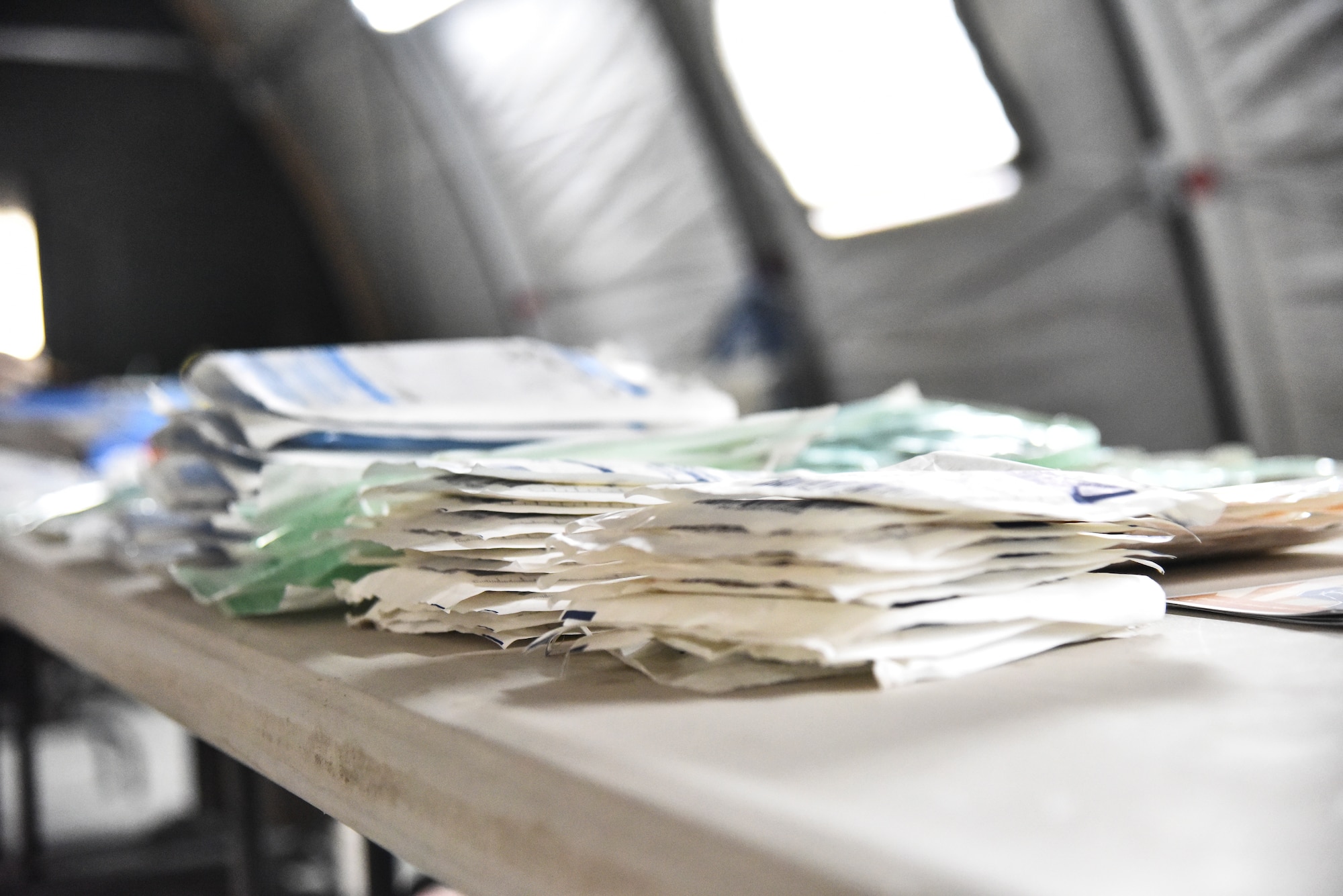 Medical supplies rest on a table at Al Dhafra Air Base, United Arab Emirates, Feb. 18, 2019. The 380th Expeditionary Civil Engineer Squadron pest management team collaborated with other 380th ECES shops, the 380th Expeditionary Medical Group and the veterinary staff at Camp Arifjan, Kuwait, on an initiative to trap, neuter, vaccinate and return wild cats. (U.S. Air Force photo by Senior Airman Mya M. Crosby)
