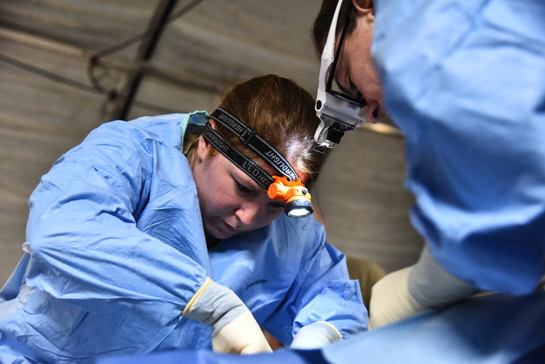 Army Capt. Theresa Hubbell, Area Support Group Kuwait Camp Arifjan veterinary officer in charge, and Maj. Patricia Catrow, 380th Expeditionary Medical Group physician, spay a stray cat at Al Dhafra Air Base, United Arab Emirates, Feb. 18, 2019. The 380th Expeditionary Civil Engineer Squadron pest management team, the 380th Expeditionary Medical Group public health team and the veterinary staff at Camp Arifjan, Kuwait, worked together on an initiative to neuter, spay and vaccinate wild cats at ADAB. (U.S. Air Force photo by Senior Airman Mya M. Crosby)