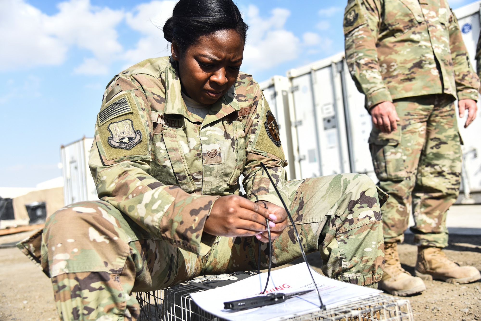 Staff Sgt. Caitlin Mitchell, 380th Expeditionary Civil Engineer Squadron pest management craftsman, labels a trap at Al Dhafra Air Base, United Arab Emirates, Feb. 18, 2019. Through the power of teamwork, the Airmen and Soldiers from ADAB and Camp Arifjan, came together to benefit the quality of life for all service members, and even the wild animals. (U.S. Air Force photo by Senior Airman Mya M. Crosby)