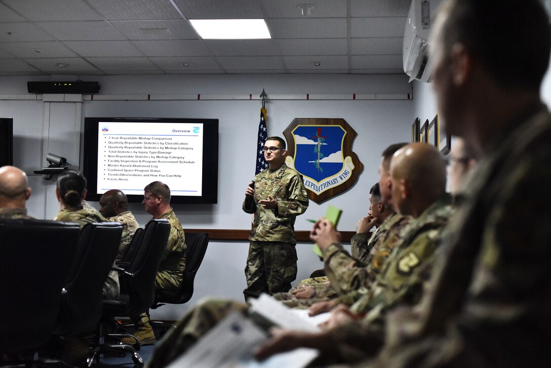 Senior Master Sgt. Zachary Chapin, 380th Air Expeditionary Wing occupational safety manager briefs 380th AEW commanders, chiefs and leaders at Al Dhafra Air Base, United Arab Emirates, Feb. 28, 2019. From the hundreds of pages of Occupational Safety and Health Administration (OSHA) regulations, on top of the Air Force safety regulations, occupational safety ensures that safety measures are made at almost every level in the Air Force by working closely with personnel. (U.S. Air Force photo by Senior Airman Mya M. Crosby)