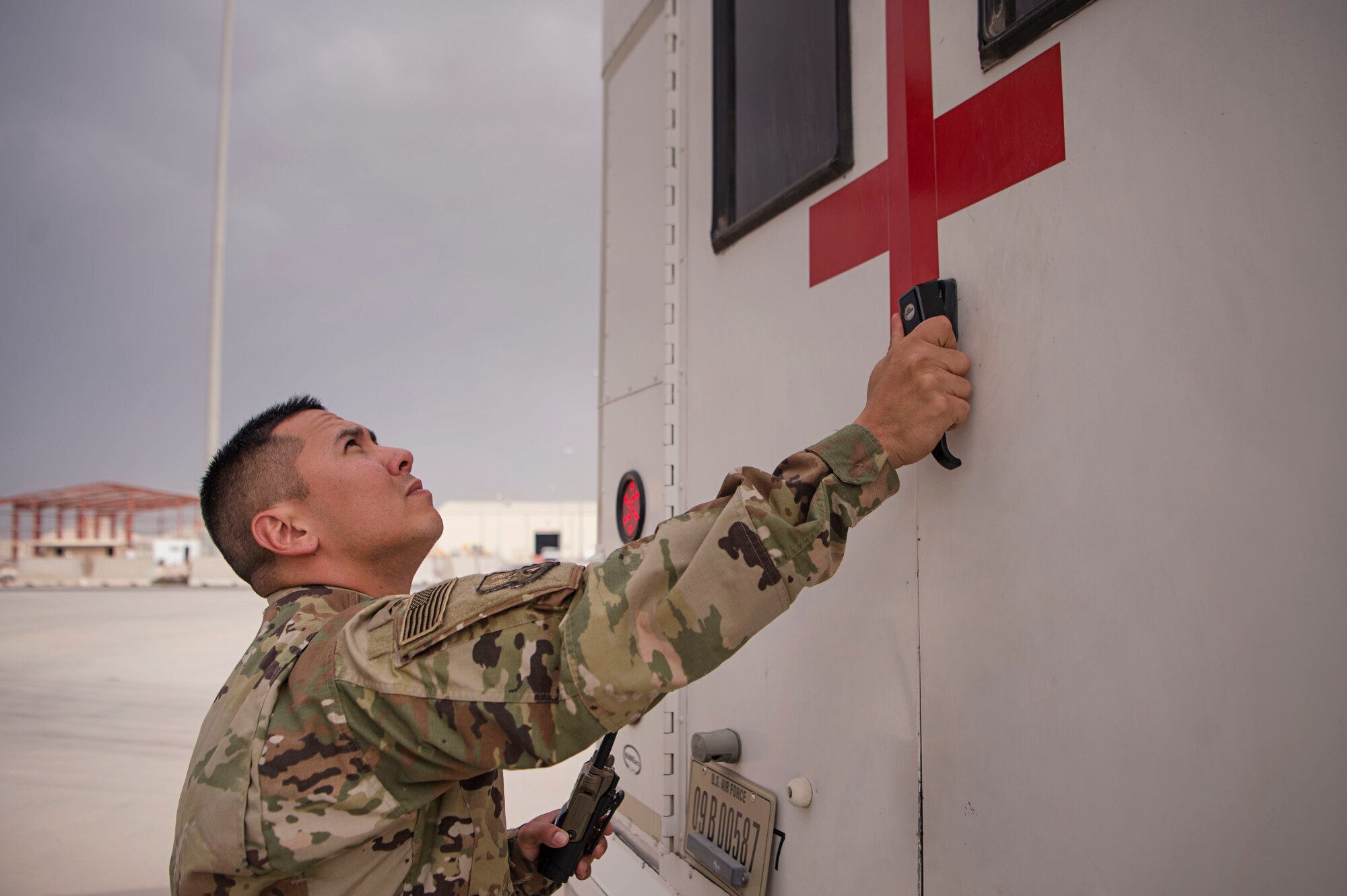 Staff Sgt. Daniel Sarsona, 379th Expeditionary Medical Support Squadron (EMDSS) En Route Patient Staging (ERPS) Facility referral management NCO in charge, finishes loading in-transit patients’ luggage on a bus Feb. 27, 2019, at Al Udeid Air Base, Qatar. Airmen at the 379th EMDSS’s ERPS facility work at both the clinic and on the flightline to ensure safe transport and care is provided to in-transit patients during their stay at Al Udeid before they are moved to locations supporting higher levels of medical treatment, if necessary. (U.S. Air Force photo by Tech. Sgt. Christopher Hubenthal)