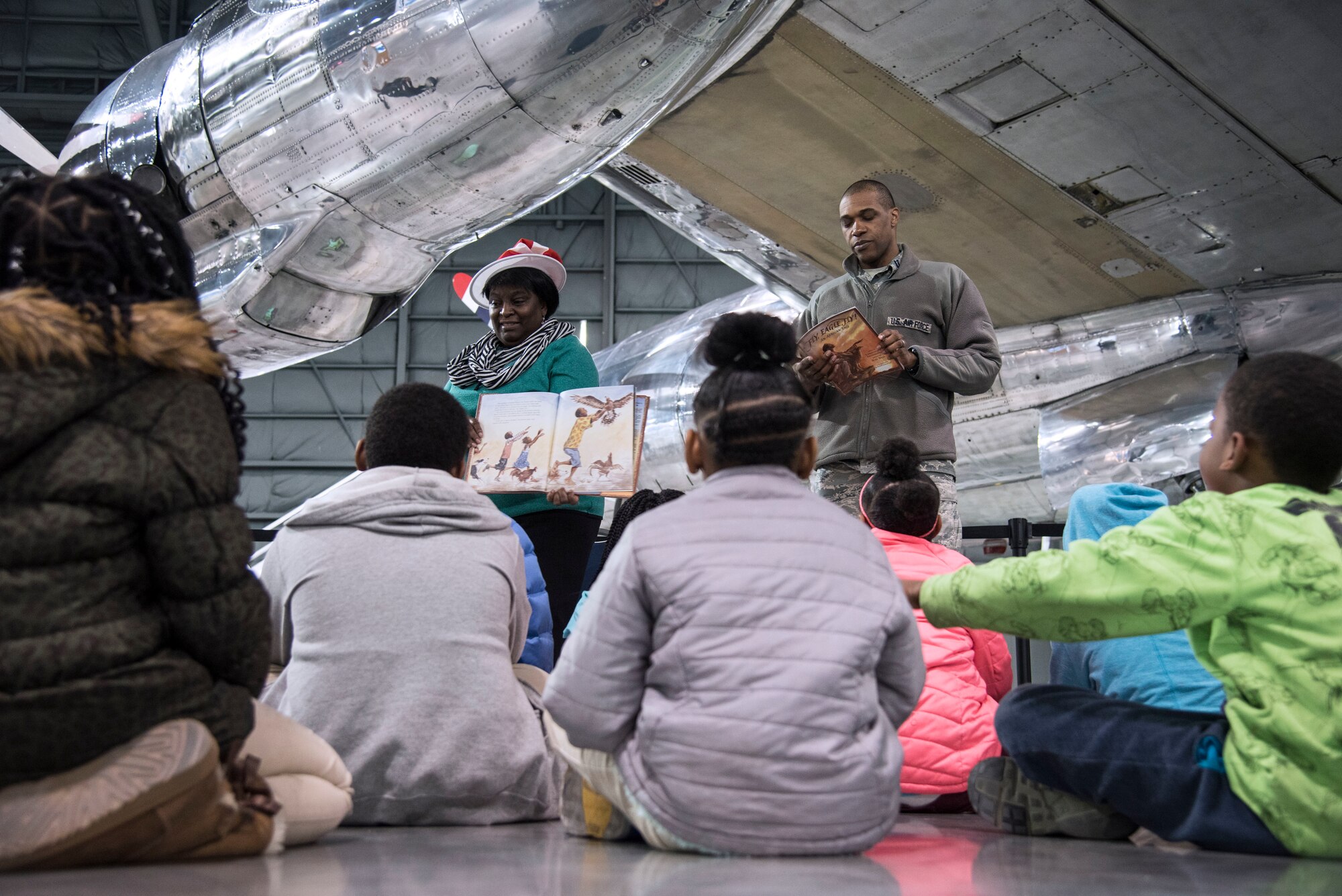 DAYTON, Ohio -- More than 850 local second and third grade students participated in the museum’s 20th annual Read Across America "Read-In" from Feb 28-March 1, 2019. Volunteers from Wright-Patterson AFB read books to the students as part of the national celebration honoring Dr. Seuss’ 115th birthday. (U.S. Air Force photo)