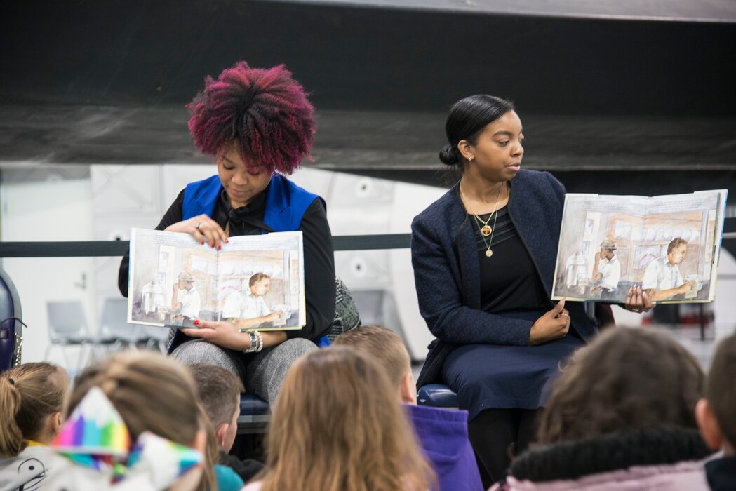 Picture of two women reading books to children as part of the museum’s 20th annual Read Across America "Read-In" from Feb 28-March 1, 2019. Volunteers from Wright-Patterson AFB read books to the students as part of the national celebration honoring Dr. Seuss’ 115th birthday. (U.S. Air Force photo)