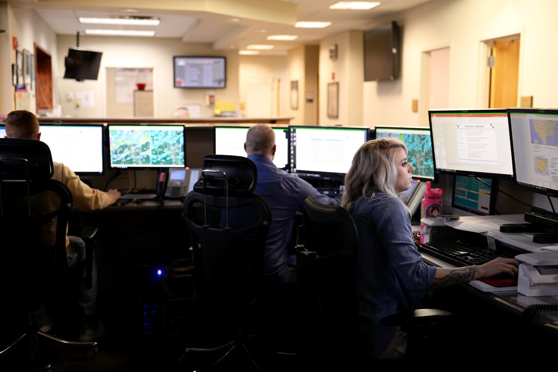 Airmen from the 14th Operations Support Squadron Weather Flight update and distribute weather information Feb. 22, 2019, on Columbus Air Force Base, Mississippi. Mississippi weather is known to have spontaneous or seemingly odd weather patterns that gives the 14th Operations Support Squadron’s Weather Flight challenges to overcome. (U.S. Air Force photo by Airman Hannah Bean)