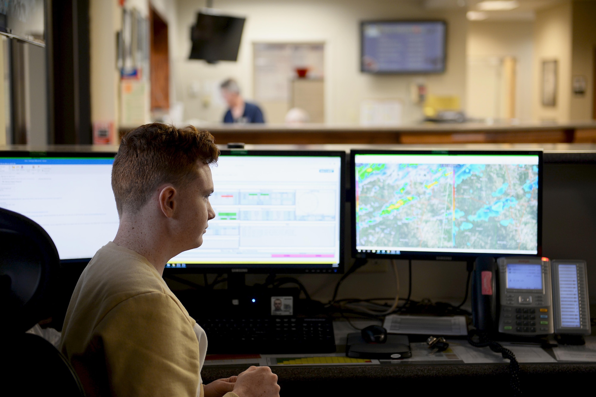 Airman Robert Gray, 14th Operations Support Squadron Weather Flight apprentice, looks at weather patterns Feb. 22, 2019, on Columbus Air Force Base, Mississippi. Weather forecasters are able to properly brief pilots and squadrons on their ability to fly hours or days ahead with consistent monitoring of the radar, through accurate forecasting and recognition of patterns. (U.S. Air Force photo by Airman Hannah Bean)