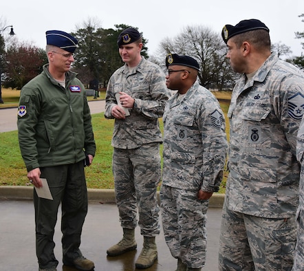 Maj. Gen. Mark Weatherington deputy commander of Air Education and Training Command, speaks to Airmen from the 14th Security Forces Squadron Feb. 21, 2019, on Columbus Air Force Base, Mississippi. Currently firearms training and qualifications can only be completed at locations off of Columbus AFB. (U.S. Air Force photo by Elizabeth Owens)