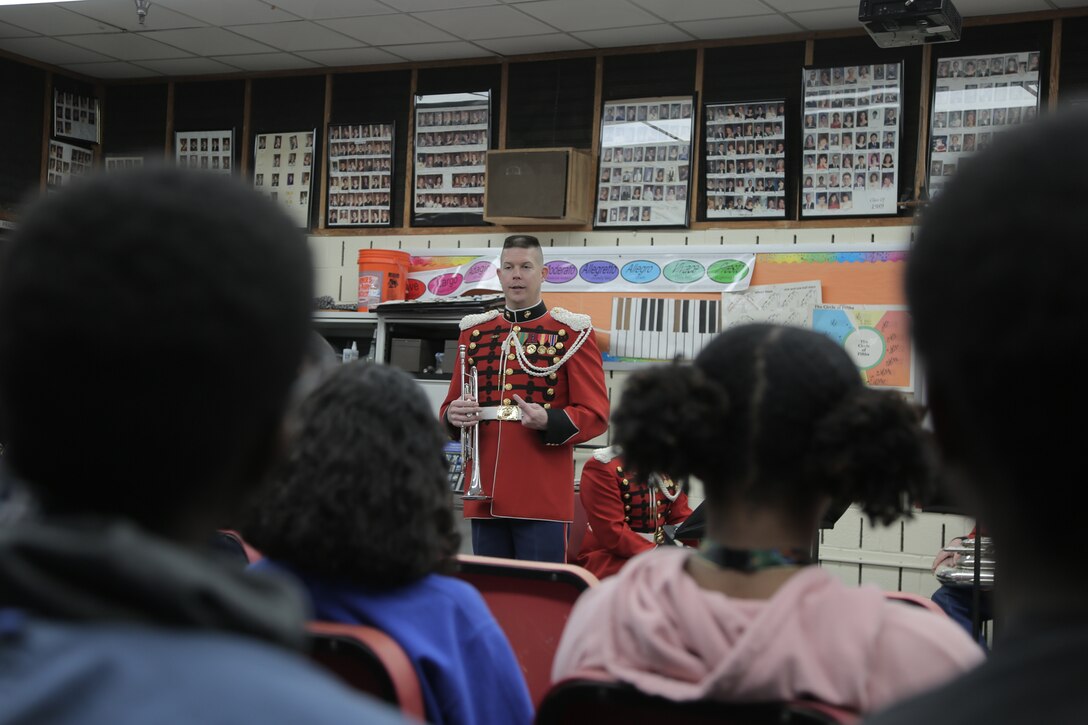 On Feb. 26, 2019, a brass quintet from "The President's Own" U.S. Marine Band presented a Music in the High Schools performance at Eleanor Roosevelt High School in Greenbelt, Md. (U.S. Marine Corps photo by Master Sgt. Kristin duBois/released)