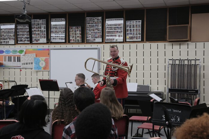 On Feb. 26, 2019, a brass quintet from "The President's Own" U.S. Marine Band presented a Music in the High Schools performance at Eleanor Roosevelt High School in Greenbelt, Md. (U.S. Marine Corps photo by Master Sgt. Kristin duBois/released)