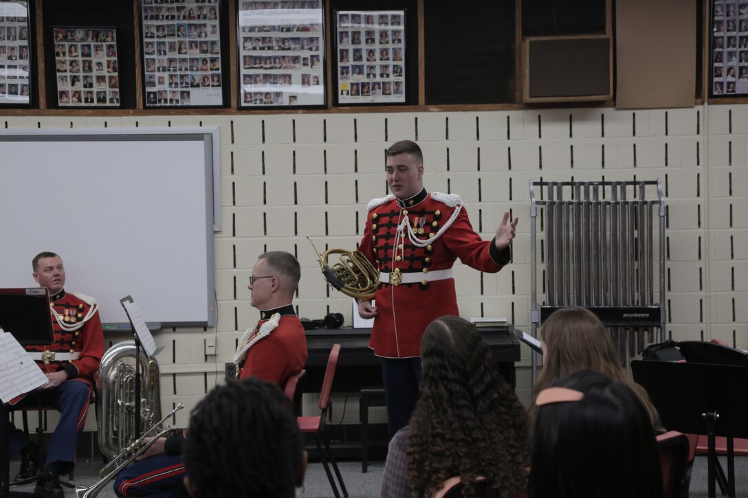 On Feb. 26, 2019, a brass quintet from "The President's Own" U.S. Marine Band presented a Music in the High Schools performance at Eleanor Roosevelt High School in Greenbelt, Md. (U.S. Marine Corps photo by Master Sgt. Kristin duBois/released)