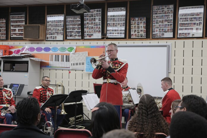 On Feb. 26, 2019, a brass quintet from "The President's Own" U.S. Marine Band presented a Music in the High Schools performance at Eleanor Roosevelt High School in Greenbelt, Md. (U.S. Marine Corps photo by Master Sgt. Kristin duBois/released)