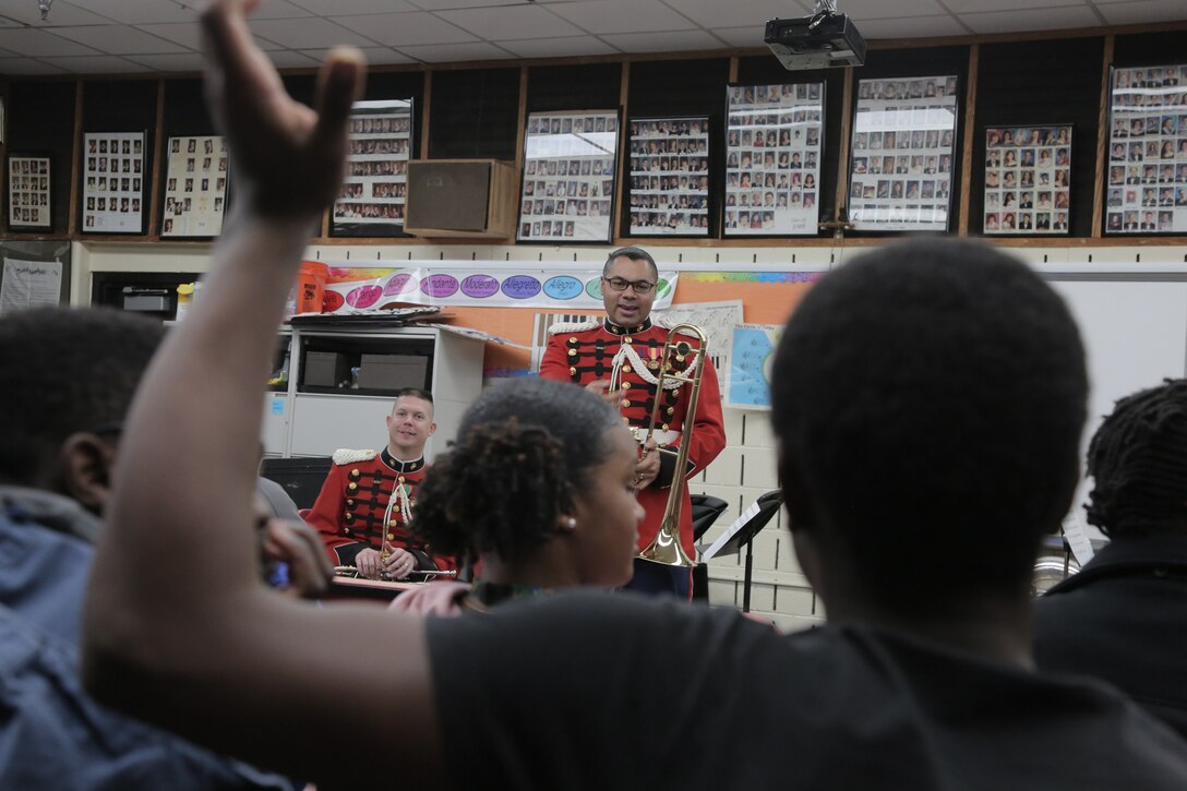 On Feb. 26, 2019, a brass quintet from "The President's Own" U.S. Marine Band presented a Music in the High Schools performance at Eleanor Roosevelt High School in Greenbelt, Md. (U.S. Marine Corps photo by Master Sgt. Kristin duBois/released)