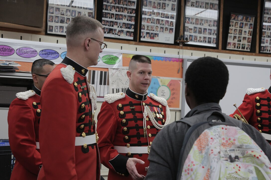 On Feb. 26, 2019, a brass quintet from "The President's Own" U.S. Marine Band presented a Music in the High Schools performance at Eleanor Roosevelt High School in Greenbelt, Md. (U.S. Marine Corps photo by Master Sgt. Kristin duBois/released)