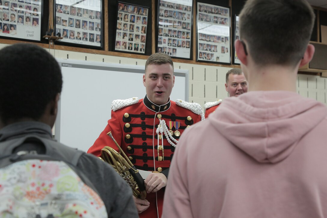 On Feb. 26, 2019, a brass quintet from "The President's Own" U.S. Marine Band presented a Music in the High Schools performance at Eleanor Roosevelt High School in Greenbelt, Md. (U.S. Marine Corps photo by Master Sgt. Kristin duBois/released)