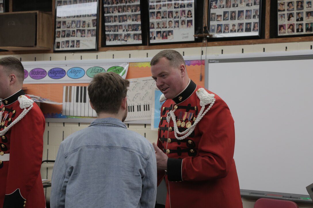 On Feb. 26, 2019, a brass quintet from "The President's Own" U.S. Marine Band presented a Music in the High Schools performance at Eleanor Roosevelt High School in Greenbelt, Md. (U.S. Marine Corps photo by Master Sgt. Kristin duBois/released)