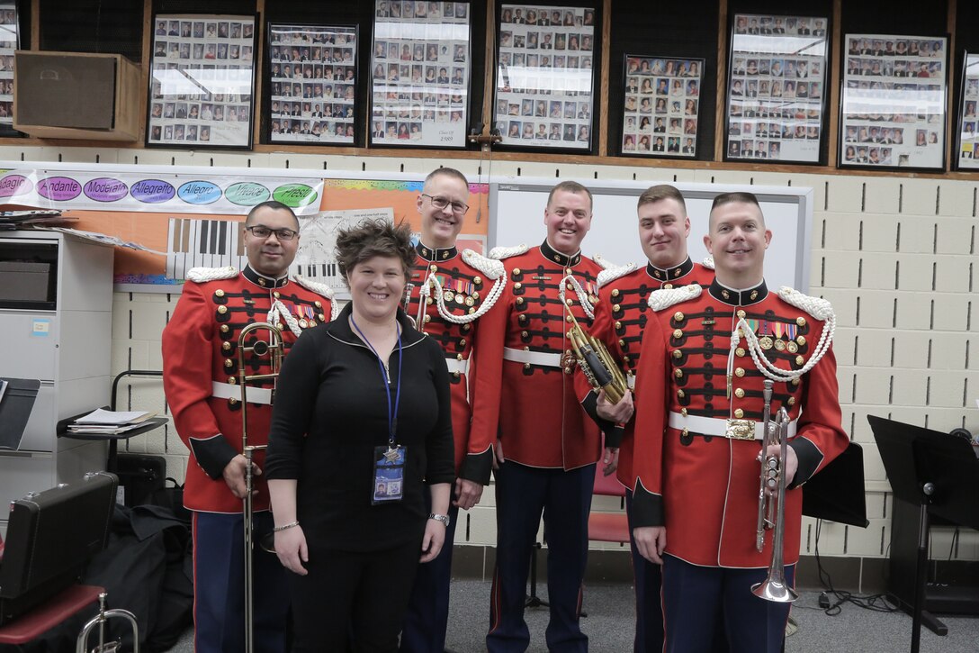 On Feb. 26, 2019, a brass quintet from "The President's Own" U.S. Marine Band presented a Music in the High Schools performance at Eleanor Roosevelt High School in Greenbelt, Md. (U.S. Marine Corps photo by Master Sgt. Kristin duBois/released)
