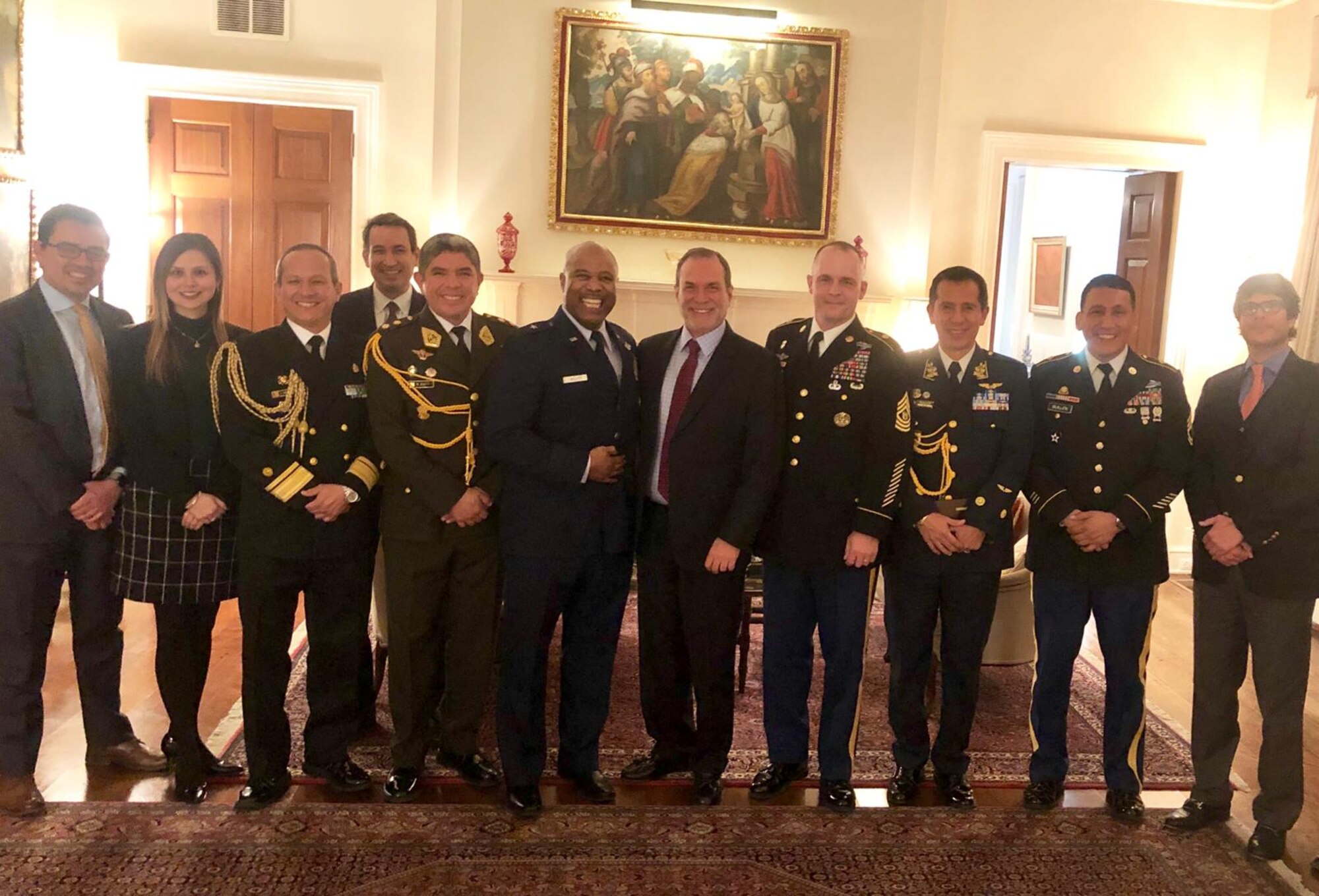 Members of the West Virginia National Guard pose for a photo with the Peruvian Chargé d’Affaires, Minister Agustín De Madalengoitia, and other Defense Attachés and diplomats Feb. 19, 2019, at the Peruvian Embassy in Washington, D.C. The meeting afforded an opportunity to review progress on the West Virginia – Peru partnership and to look ahead at future opportunities. (Courtesy photo)