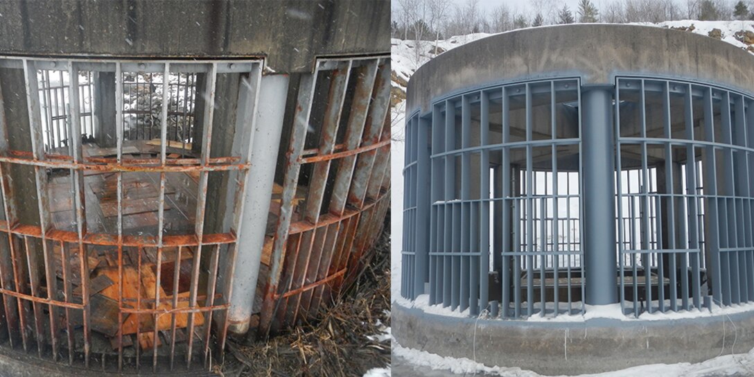 before and after photos of a morning glory flood control feature