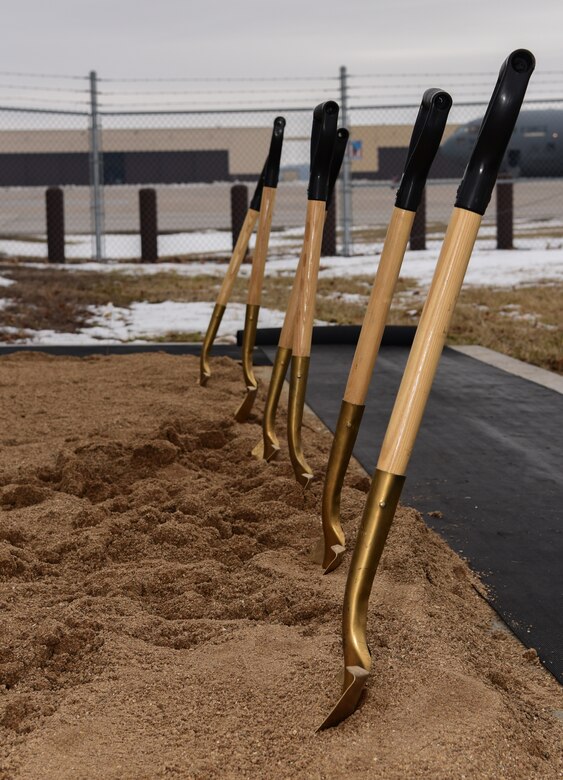 Shovels used during groundbreaking ceremony for new combined operations building on Feb. 22, 2019, at Whiteman Air Force Base, Missouri.