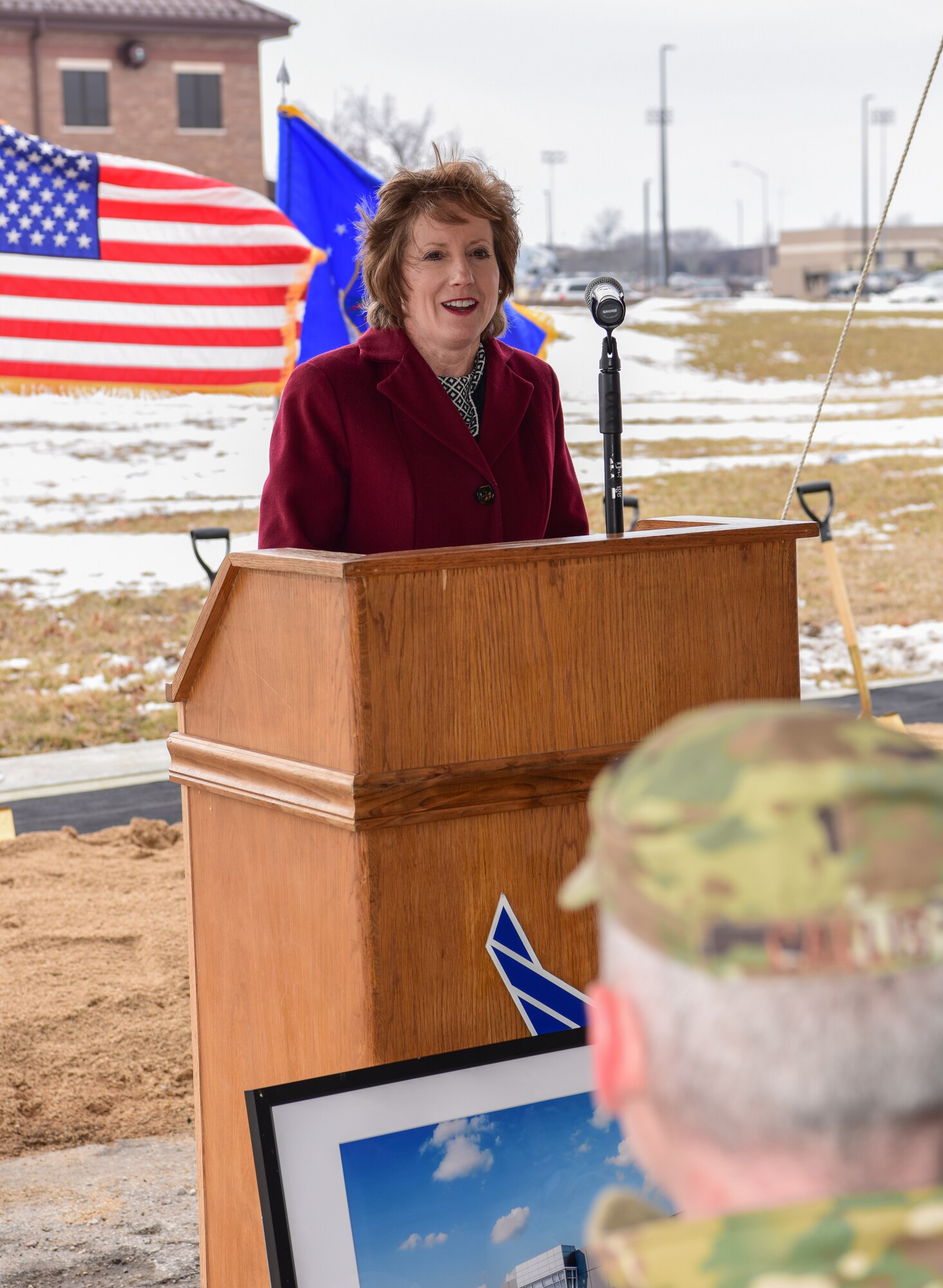Congresswoman Vicky Hartzler addresses Team Whiteman during groundbreaking ceremony for the new combined operations building on Feb. 22, 2019.