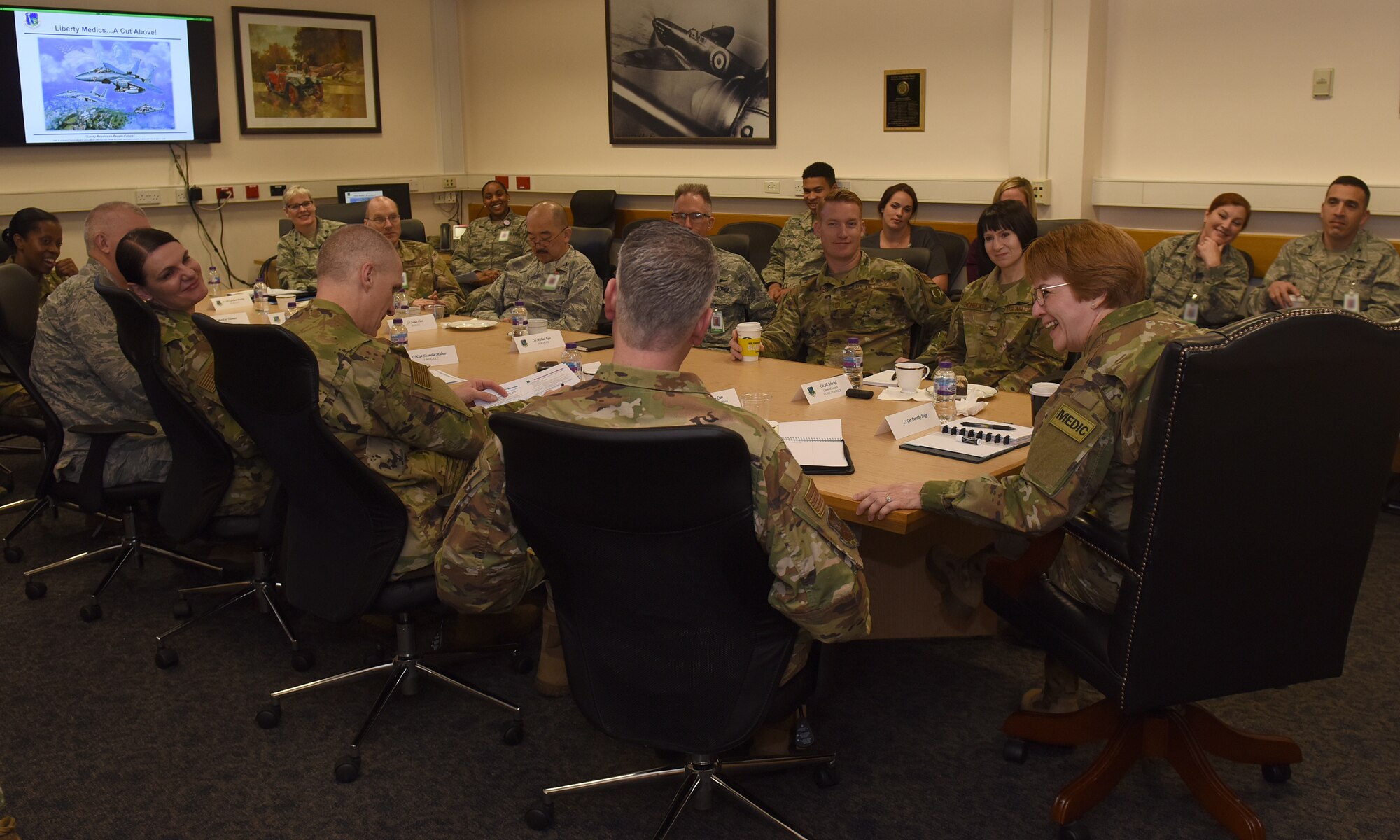 48th Medical Group personnel speak with Lt. Gen. Dorothy A. Hogg, U.S. Air Force surgeon general, at Royal Air Force Lakenheath, England, Feb. 28, 2019. Airmen highlighted the importance of the 48th MDG’s mission to support readiness and to improve interoperability and clinical skills. (U.S. Air Force photo by Airman 1st Class Madeline Herzog)