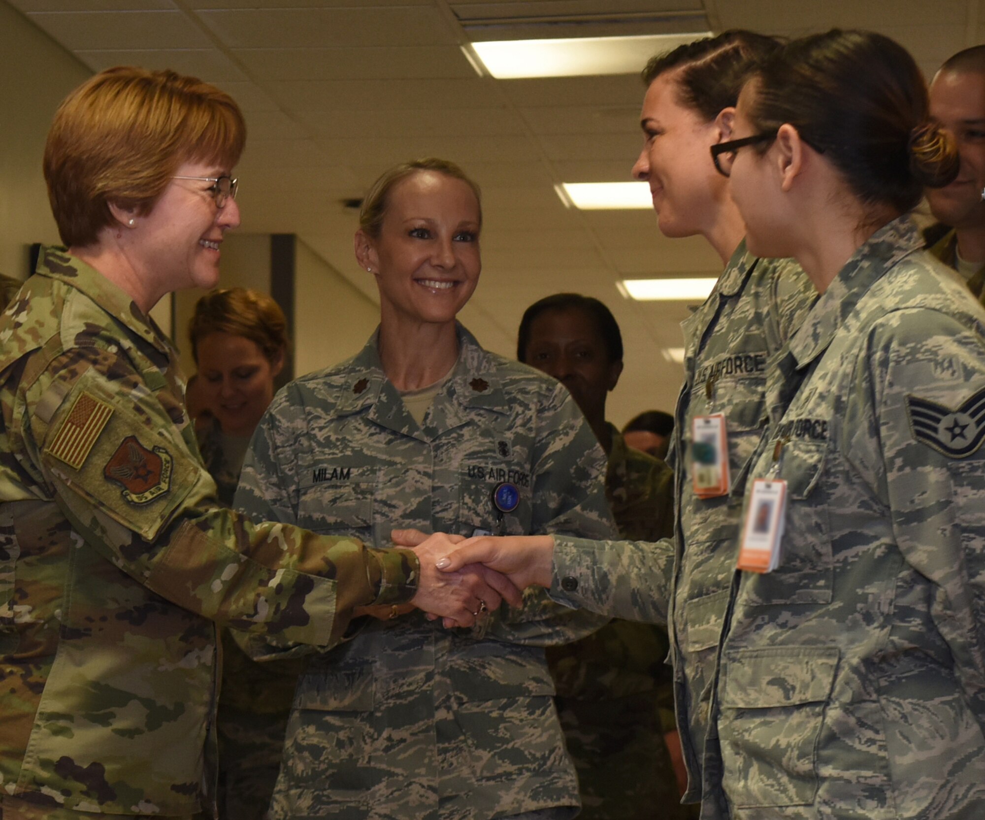 Lt. Gen. Dorothy A. Hogg, U.S. Air Force surgeon general, shakes an Airman’s hand during her walking tour of 48th medical group facilities at RAF Lakenheath, England, Feb. 28, 2019. Hogg had discussions with Airmen from 48th MDG about their mission and the readiness support they ensure. (U.S. Air Force photo by Airman 1st Class Madeline Herzog)