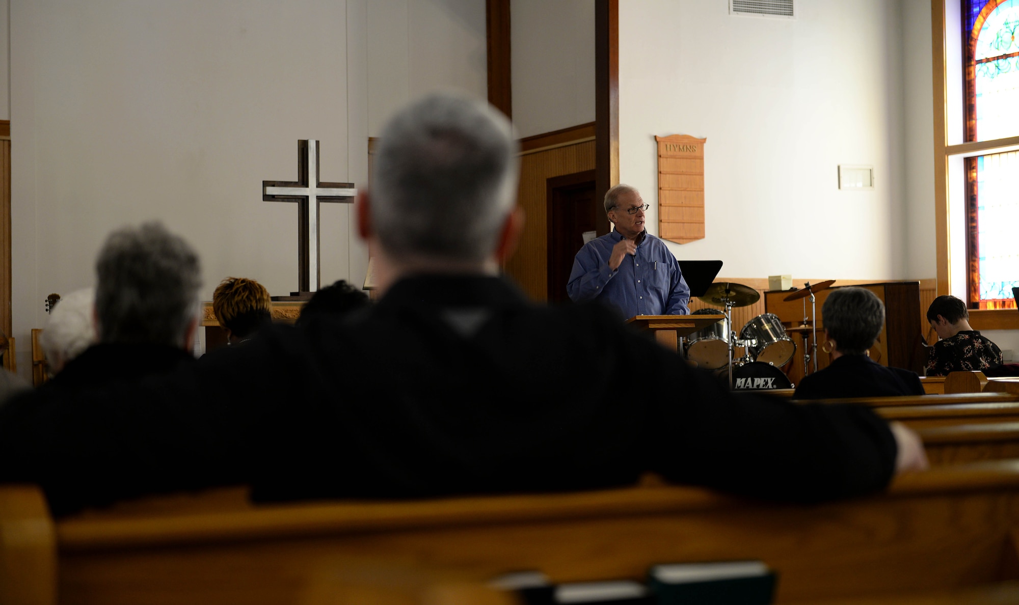 Chaplain (Col.) Doug Slater, Air Education and Training Command chaplain, from Joint Base San Antonio-Randolph, Texas, preaches to attendees during service at the BLAZE Chapel Feb. 24, 2019, on Columbus Air Force Base, Mississippi. Slater was invited by Chaplain (Lt. Col.) Steven Richardson, 14th Flying Training Wing Chaplain, to preach his fini-sermon at Columbus AFB chapel, ending his nearly 30-year career back in the pulpit. (U.S. Air Force photo by Airman Hannah Bean)