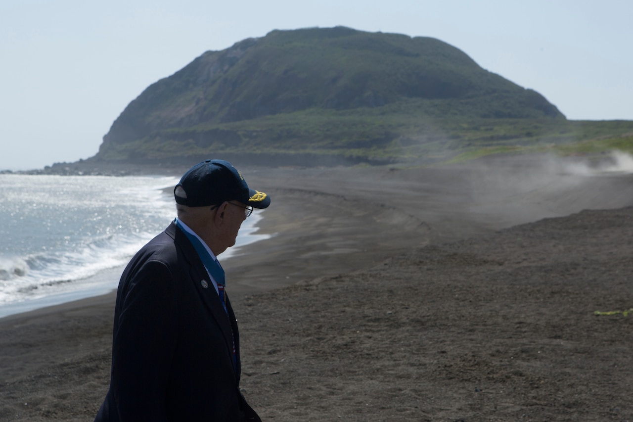 An man walks on a beach with a mountain in the background.