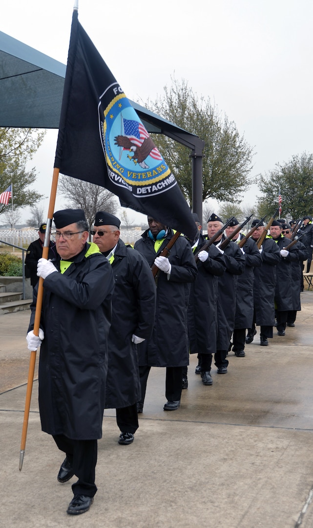 Members of the Fort Sam Houston Memorial Services Detachment bring in the colors at the start of the opening ceremonies for "The Wall That Heals" display Feb. 28 at the Fort Sam Houston National Cemetery. Dozens of Vietnam War-era veterans, their families and many others turned out to pay tribute to those who never came home. The Daughters of the American Revolution’s Alamo Chapter hosted “The Wall That Heals,” a traveling representation of the Vietnam Veterans Memorial, at the cemetery Feb. 28 through March 3.