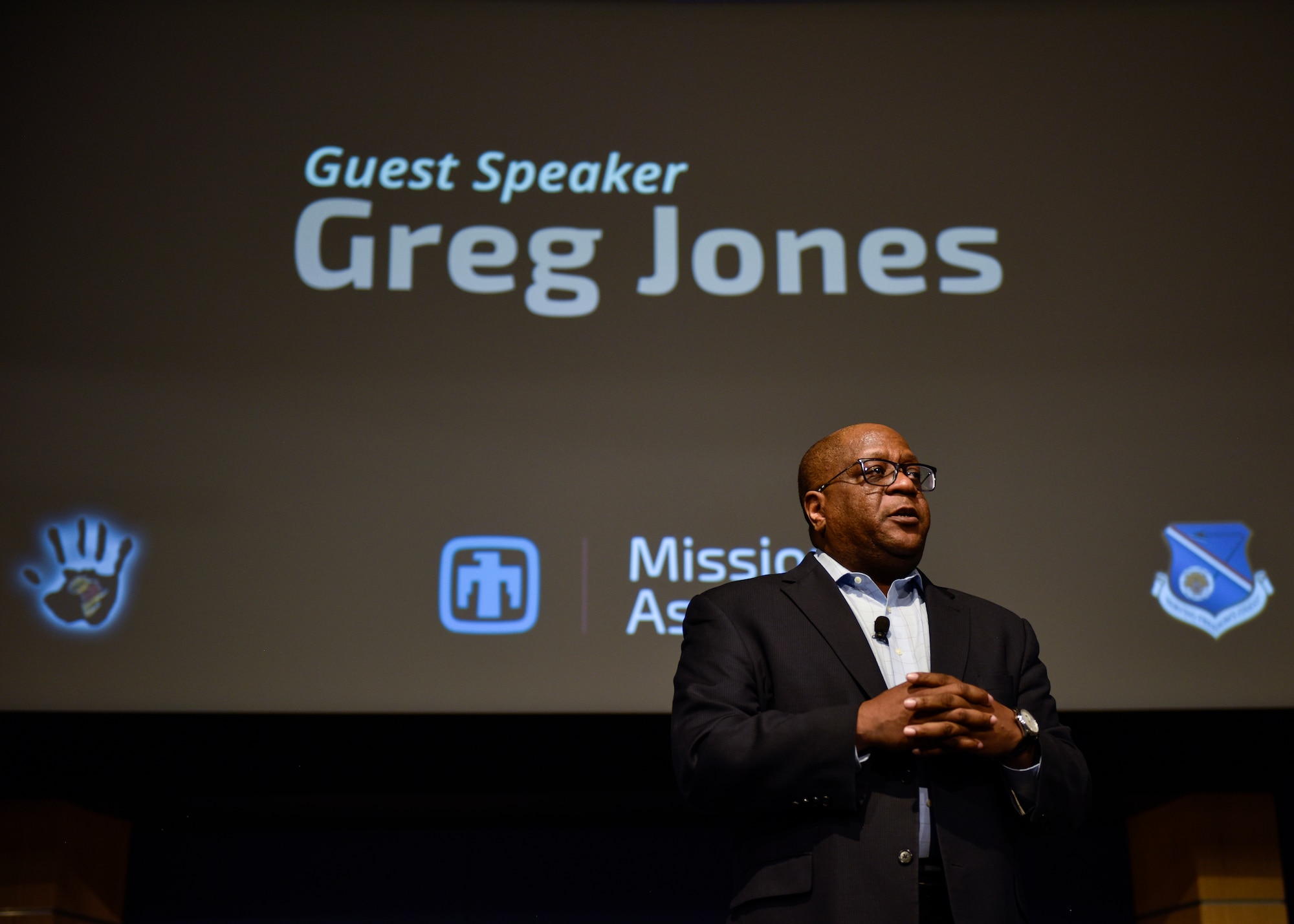 Greg Jones, chief diversity officer for United Airlines, talks about diversity and acceptance at Kirtland Air Force Base, N.M, Feb. 28, 2019. Jones, Kirtland’s Black History/African American Month Observance key note speaker, shared approaches and practices he has found more successful in creating a culture where acceptance and appreciation is the norm, and each employee is comfortable bringing his or her full self to work. (U.S. Air Force photo by Airman 1st Class Austin J. Prisbrey)