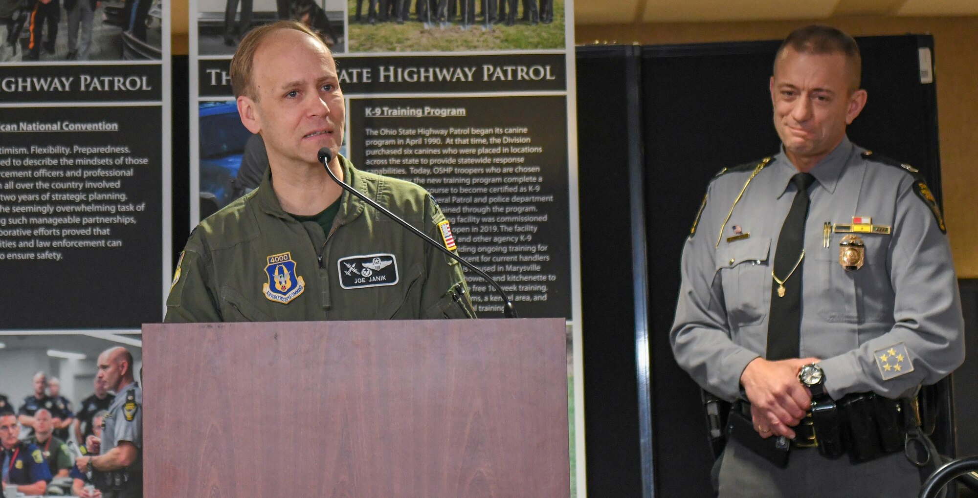 Col. Joe Janik, commander of the 910th Airlift Wing, welcomes Ohio State Highway Patrol members and their families at an awards breakfast at the Community Activities Center here, March 1, 2019.