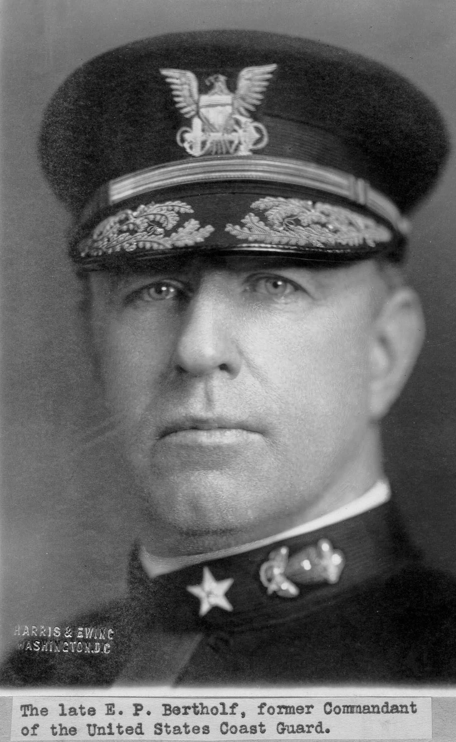 "The late [Commodore] E. P. Bertholf, former Commandant of the United States Coast Guard."; no date/photo number; photo by "Harris & Ewing, Washington, D.C."