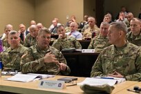 Lt. Gen. Jeffrey Buchanan (middle), commander, US Army North (ARNORTH), Maj. Gen. William "Bill" Hall (left), commander, Joint Task Force Civil Support (JTF-CS), Maj. Gen. Steven Ainsworth (right), commander, 377th Theater Sustainment Command (TSC) and other commanders and stakeholders from the Chemical, Biological, Radiological and Nuclear (CBRN) Response Enterprise (CRE) met for a CRE Commander's Summit Feb. 26-27, 2019, at Joint Base San Antonio, Fort Sam Houston, Texas. CRE commanders and senior leaders met to increase interoperability and unity of effort in the event of a crisis response. The participants of the summit included JTF-CS, Command and Control CRE-A (TF-76 (Army Reserve)), Command and Control CRE-B (Task Force-46 (Army National Guard)), Chemical Biological Incident Response Force (Marine Corps), Task Force 51, the 337th TSC and more. (Official DoD photo by Jesus Partida/released)