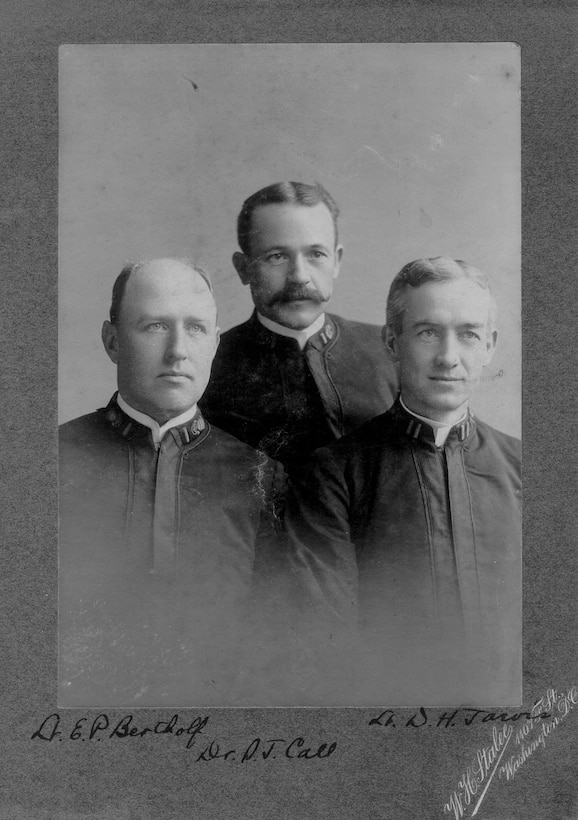 Photograph of Overland Relief Expedition participants including LT Ellsworth P. Bertholf, Dr. Samuel J. Call, and LT David H. Jarvis. Coast Guard Archives, Ellsworth P. Bertholf