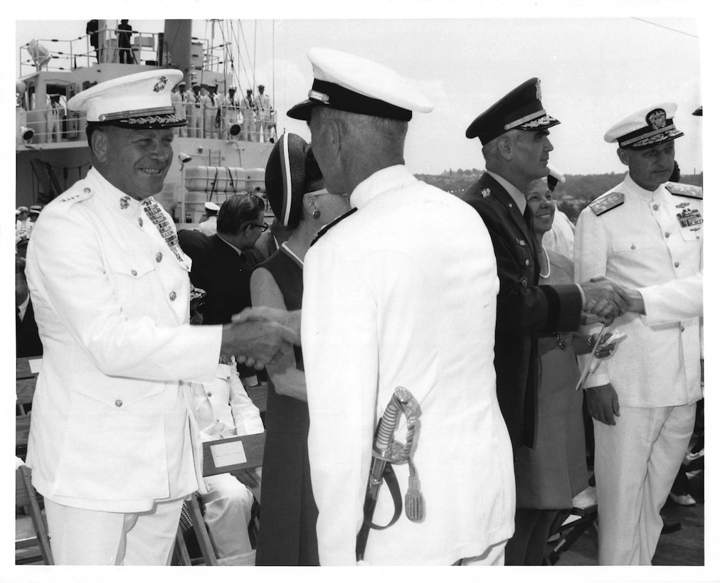 Admiral Chester R. Bender and General Lewis W. Walt, Change of Command Ceremony June 1, 1970 aboard the USCGC Gallatin at the US Navy Yard. Coast Guard Archives, Commandant Chester R. Bender