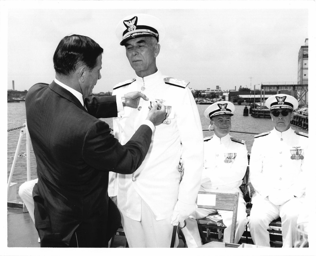 Admiral Chester R. Bender, Change of Command Ceremony June 1, 1970 aboard the USCGC Gallatin at the US Navy Yard. Coast Guard Archives, Commandant Chester R. Bender