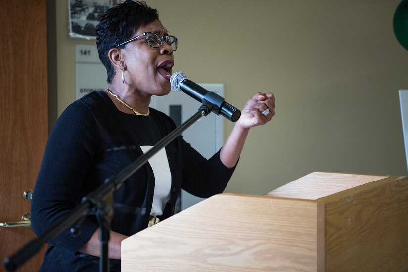 Master Sgt. Nichelle Cunningham, 315th Airlift Wing paralegal, sings “If it hade not been for the lord” during the 2019 National African American Black History Program Celebration Feb 27, 2019, at Joint Base Charleston’s Chapel Annex in Charleston, S.C.