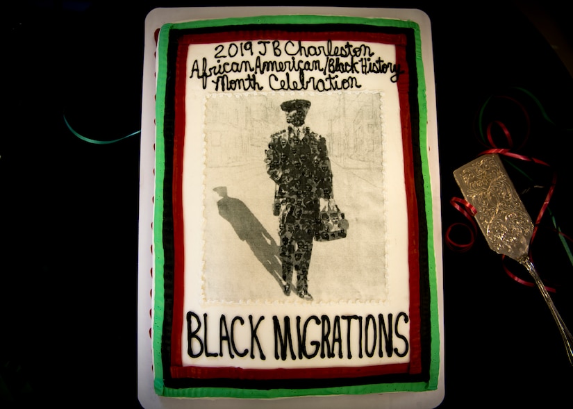 The theme of “Black Migration” adorns the cake that was enjoyed by atendess of the 2019 National African American Black History Program Celebration Feb 27, 2019, at Joint Base Charleston’s Chapel Annex in Charleston, S.C.