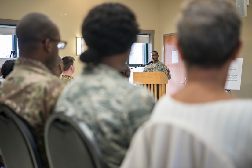 Col. Terrence Adams, 628th Air Base Wing commander, provides the crowd with his opening remarks during the 2019 National African American Black History Program Celebration Feb 27, 2019, at Joint Base Charleston’s Chapel Annex in Charleston, S.C.