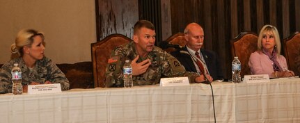 Lt. Gen. Jeffrey S. Buchanan (second from left), U.S. Army North Commander and Senior Army Commander for Joint Base San Antonio-Fort Sam Houston, as well as leaders from JBSA-Fort Sam Houston like Brig. Gen. Laura L. Lenderman (left), 502nd Air Base Wing and JBSA commander, and Lincoln Military Housing officials answer questions and address issues from Soldiers and their families during a town hall meeting at the Lincoln Military Housing Community Center Feb. 21. The town hall was a platform for Soldiers and family members to provide information and gain feedback as part of an ongoing U.S. Army-wide effort to resolve unsatisfactory conditions in Army family housing.