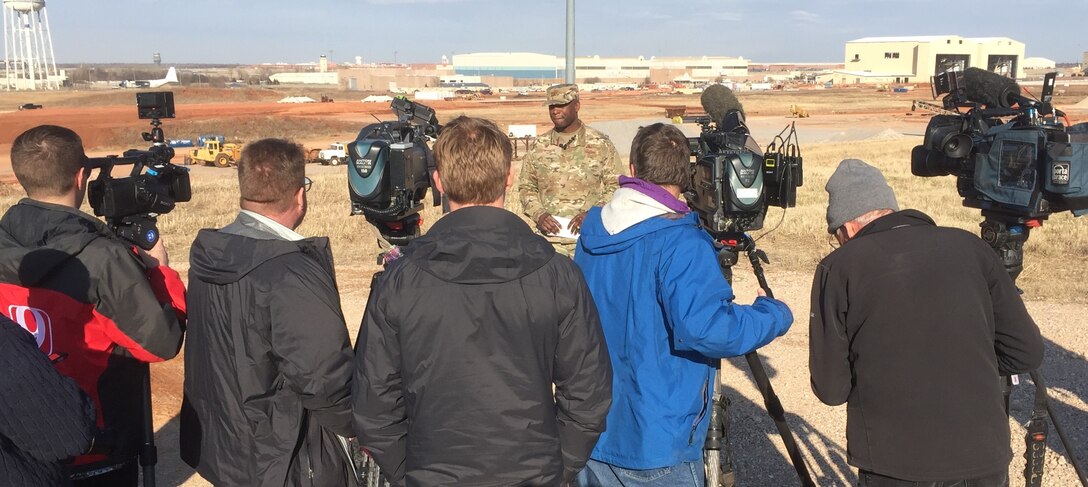 Col. Kenyon Bell, 72nd Air Base Wing commander, shown at the Kc-46 overlook site during a media event. (U.S. Air Force photo/Mark Hyb ers)