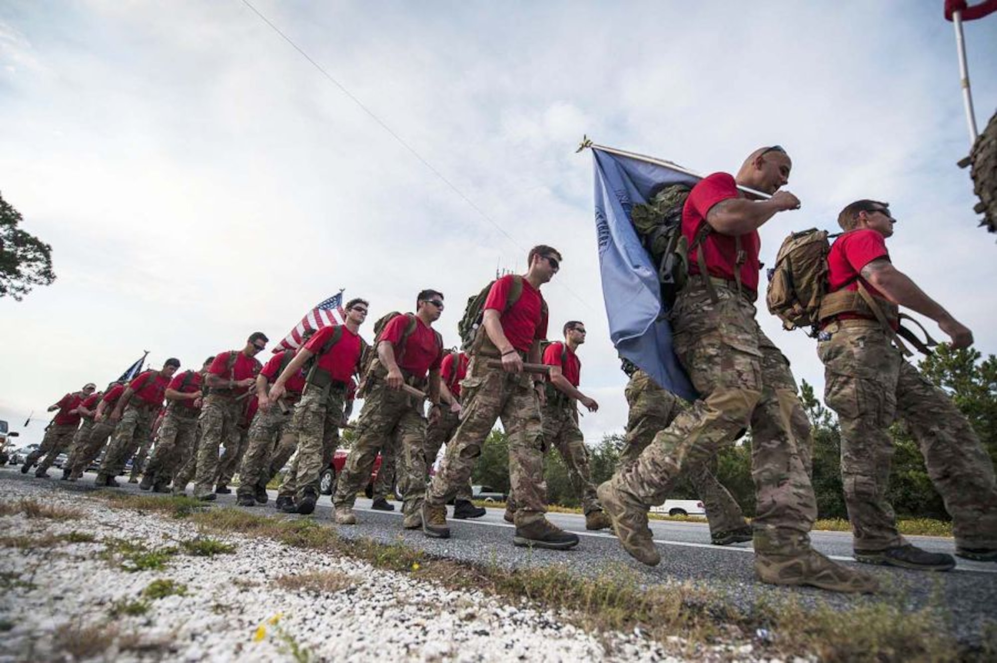 Airmen participate in a memorial march to Hurlburt Field, Fla., Oct. 13, 2015. (U.S. Air Force photo by Kai White)