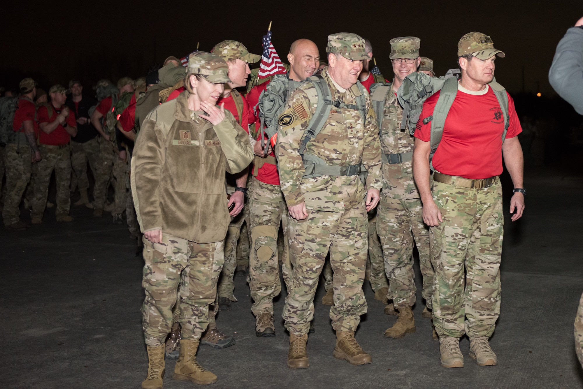 Hundreds of Special Tactics Airmen and Special Warfare trainees gathered early morning, Feb. 22, 2019, at the Medina Annex in Joint Base San Antonio-Lackland, Texas, to begin an 830-mile ruck march across five states in tribute to U.S. Air Force Staff Sgt. Dylan J. Elchin, along with 19 other Special Tactics Airmen, who have been killed in action since 9/11. The ruck march is projected to average about 12 miles per leg, alternating between the ten teams of two throughout the day ending at Hurlburt Field, Fla., March 4, 2019 at 1:00 p.m. EST. The 830-miles event will take over 11 days averaging 70 miles each day. (U.S. Air Force photo by Andrew Patterson)