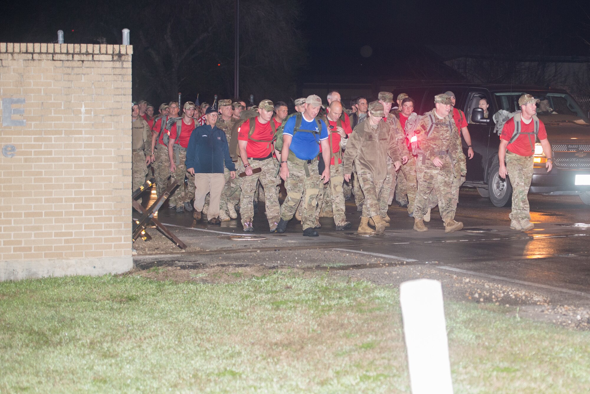 Hundreds of Special Tactics Airmen and Special Warfare trainees gathered early morning, Feb. 22, 2019, at the Medina Annex in Joint Base San Antonio-Lackland, Texas, to begin an 830-mile ruck march across five states in tribute to U.S. Air Force Staff Sgt. Dylan J. Elchin, along with 19 other Special Tactics Airmen, who have been killed in action since 9/11. The ruck march is projected to average about 12 miles per leg, alternating between the ten teams of two throughout the day ending at Hurlburt Field, Fla., March 4, 2019 at 1:00 p.m. EST. The 830-miles event will take over 11 days averaging 70 miles each day. (U.S. Air Force photo by Andrew Patterson)