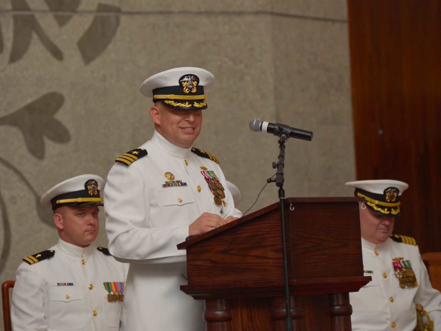 SANTA RITA, Guam (March 1, 2019) - Cmdr. Richard Salazar smiles as he assumes command of the Los Angeles-class fast attack submarine USS Topeka (SSN 754), March 1. Topeka is one of four Guam-homeported submarines assigned COMSUBRON 15.