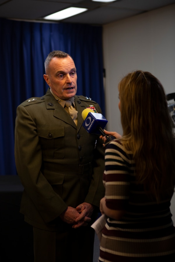 Maj. Gen. Vincent A. Coglianese, commanding general, Marine Corps Installations Command, conducts an interview with the press about initiative to work with the City of San Diego at San Diego City Hall, Feb 21. Coglianese spoke about the importance of the Marine Corps’ mission to improve the relations and environment of the city of San Diego. (U.S. Marine Corps photo by LCpl. Cheng Chang)
