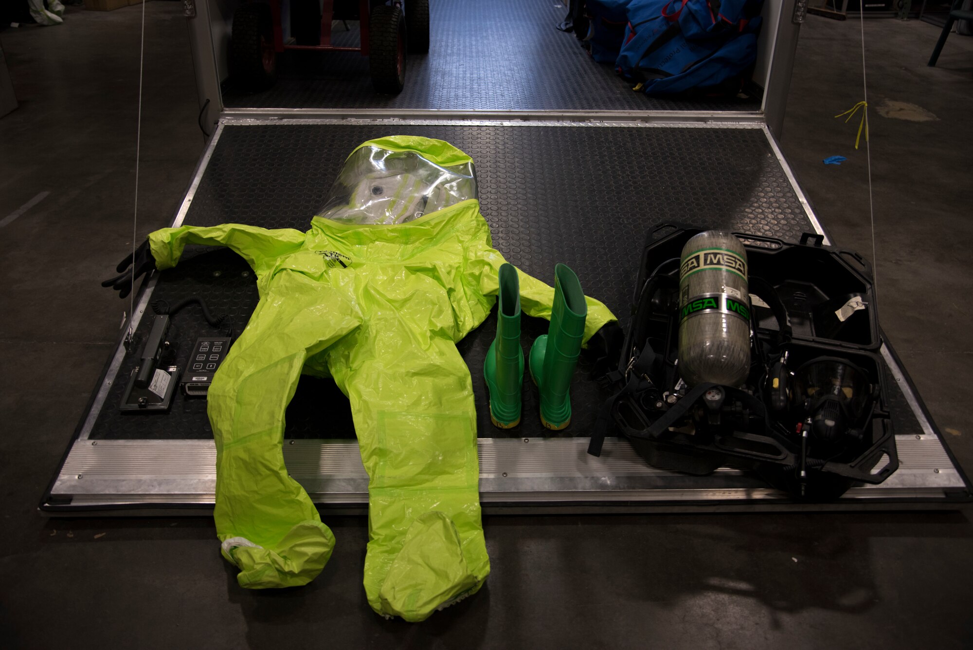 Bioenvironmental engineering technican gear displayed on the opening of a vehicle, Feb. 27, 2019 at Mountain Home Air Force Base, Idaho. The gear when worn weighs over fifty pounds. (U.S. Air Force photo by Airman Nicholas Swift)