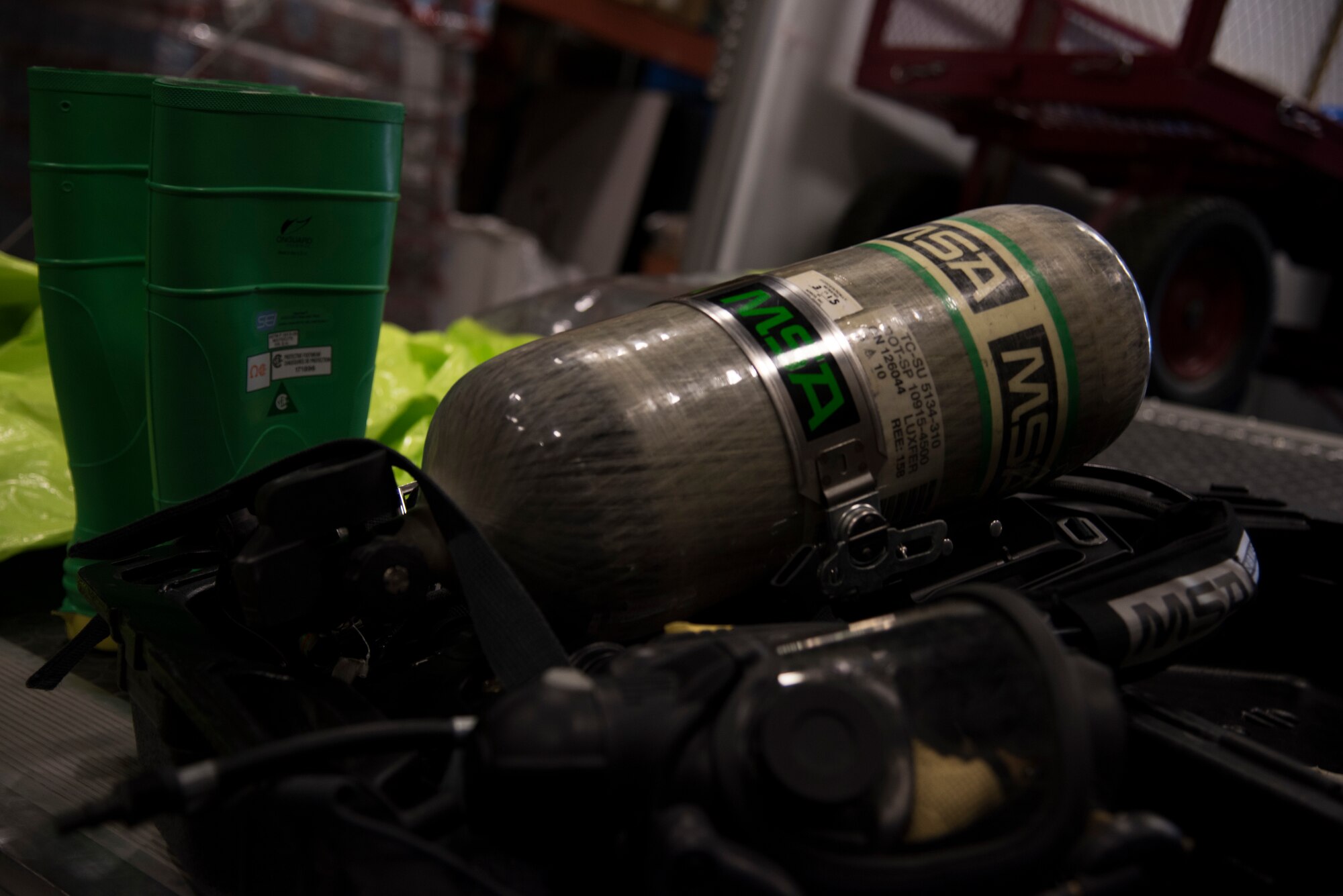 Bioenvironmental engineering technican gear displayed on the opening of a vehicle Feb. 27, 2019 at Mountain Home Air Force Base, Idaho. The gear when worn weighs over fifty pounds. (U.S. Air Force photo by Airman Nicholas Swift.)