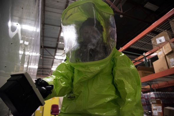 Airman 1st Class Amanda Mathes-Orr demonstrates the use of bioenvironmental hazard equipment, Feb 27, 2019 at Mountain Home Air Force Base, Idaho.   Instruments like the one in Mathes-Orr's hand can detect many types of hazards including chemical, radiological, and more. (U.S. Air Force photo by Airman Nicholas Swift).